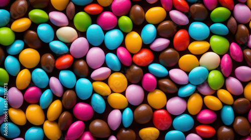 Pile of colorful chocolate coated candies. AI generated