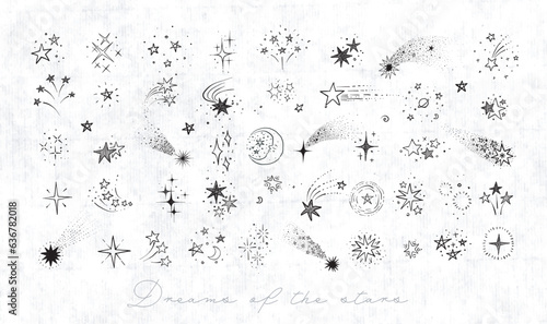 Collection of doodle star clasters and constellations on old paper background. Vector sketch illustration.