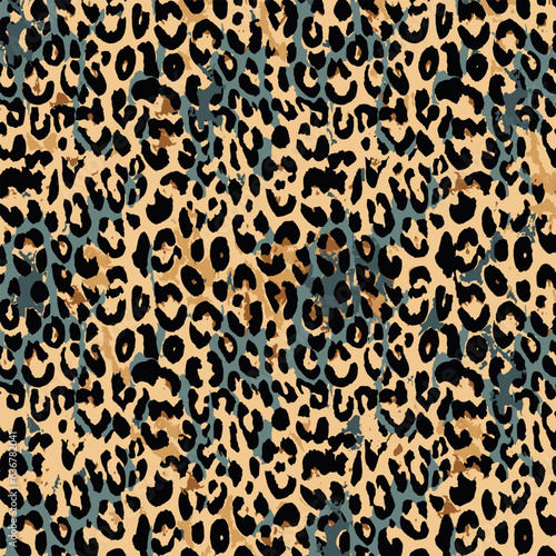 Leopard skin and blue spots combination in black and brown. Vector textured pattern. Can be used for fashion graphics such as T-shirt placement print  backgrounds  banners  cards and decoration