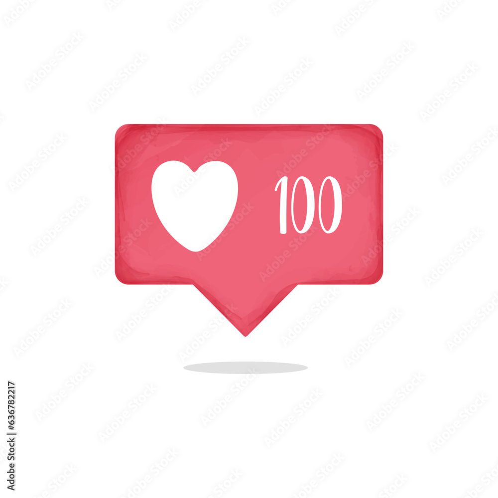 Social media 100 likes. Counter notification Like, follower red heart icon web notice element. Watercolor design. Vector illustration. Social media 100 likes. Counter notification Like, follower red heart icon web notice element. Watercolor design. Vector illustration.