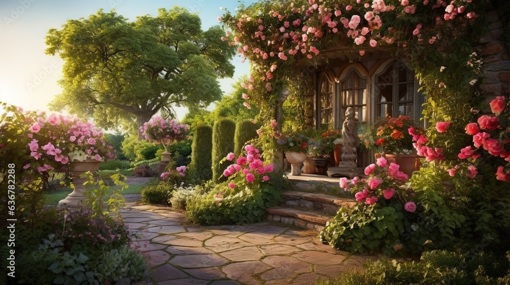  a painting of a garden with flowers and a stone walkway.  generative ai