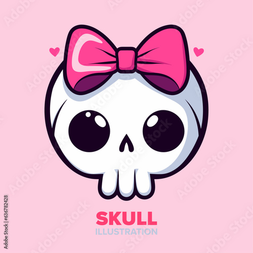 Cute Big-Eyed Girl Skull with a Pink Bow Cartoon: Adorable Illustration in Kawaii Style for Card, Print, Poster, Decoration