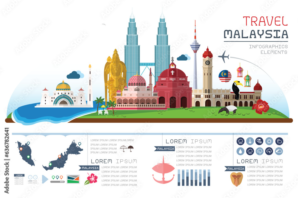 Info graphics travel and landmark malaysia template design. Concept Vector Illustration.