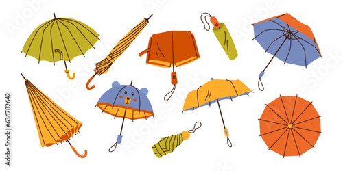 Set various umbrella shapes in flat style isolated on white background. Opened, folded umbrella walking stick, automatic collapsible and for kids