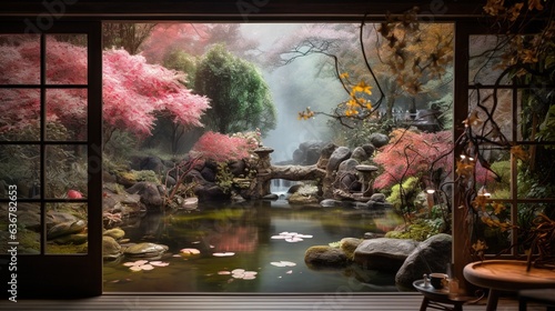  a painting of a garden with a pond and a waterfall. generative ai