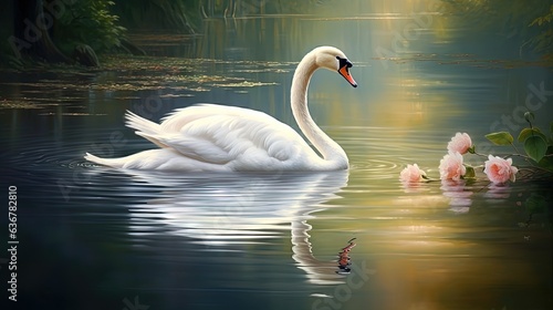  a white swan swimming in a pond with pink flowers in the background.  generative ai