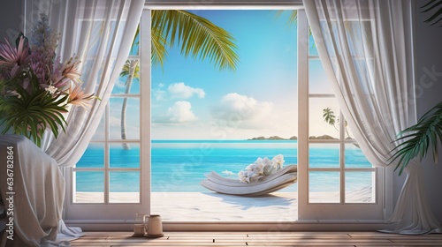  a window with a view of the ocean and a hammock.  generative ai © Anna