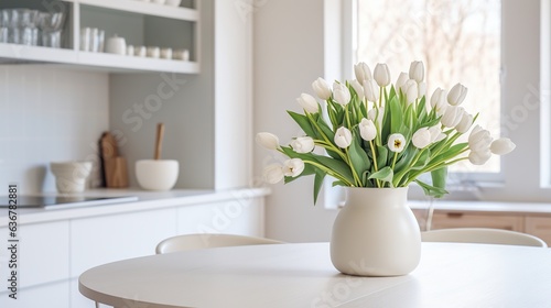  a white vase filled with white flowers on top of a table.  generative ai photo