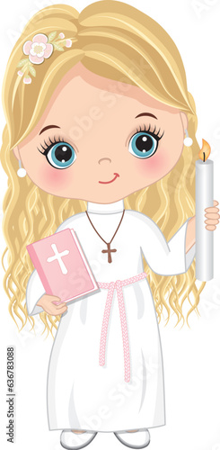 Vector First Holy Communion Cute Little Girl with Bible and Candle