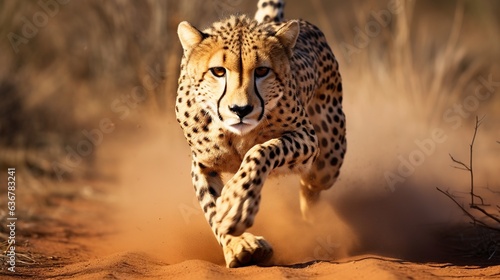  a cheetah running through the desert in the sun.  generative ai © Anna