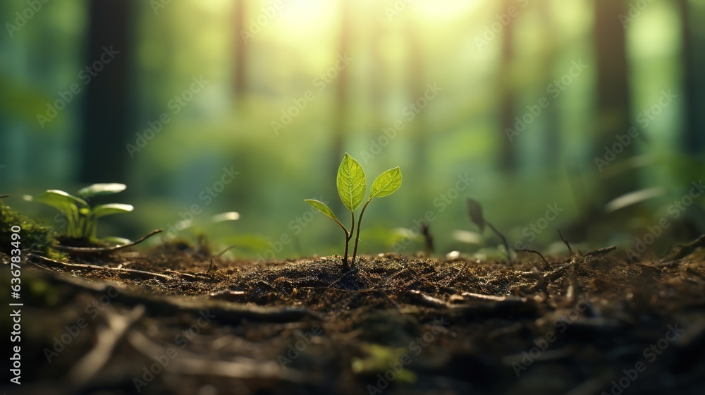 a small plant sprouts from the ground in a forest. generative ai a small plant sprouts from the ground in a forest. generative ai