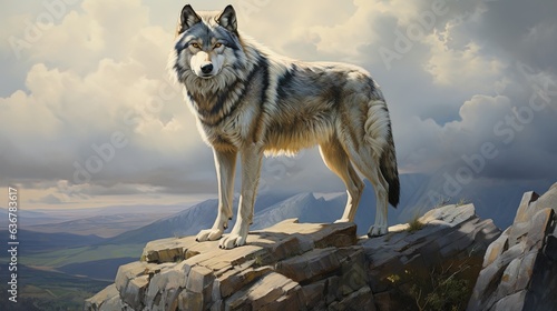  a painting of a wolf standing on top of a mountain.  generative ai © Anna