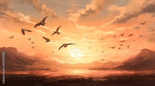 Birds soar through the air on a sunny day, creating a beautiful, peaceful scene.