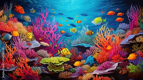  a painting of an underwater scene with fish and corals. generative ai