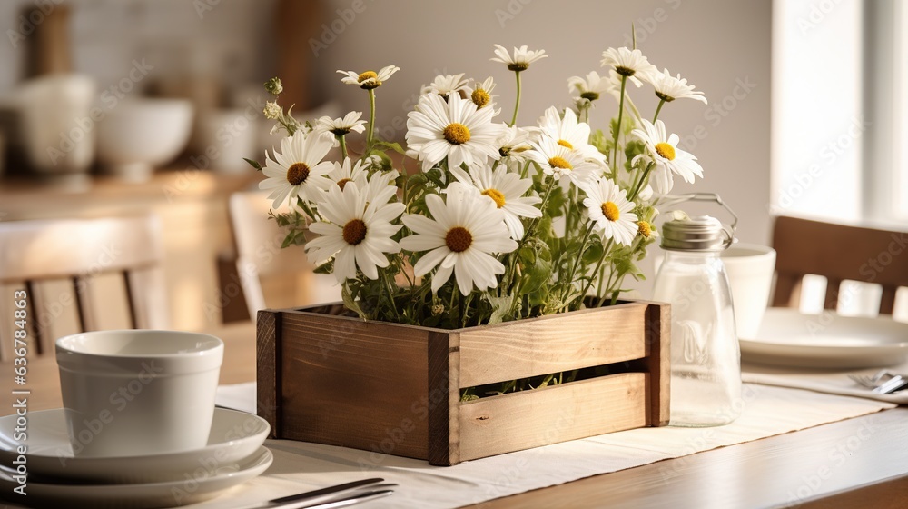 a wooden box filled with white flowers on top of a table. generative ai a wooden box filled with white flowers on top of a table. generative ai