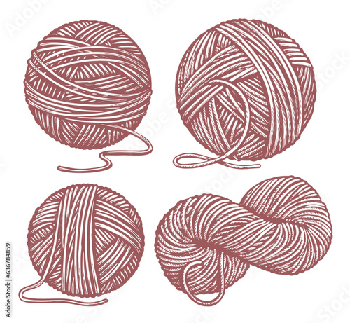 Wool and yarn set. Dressmaking needlework, sewing workshop, tailoring hobby knitting. Sketch vintage vector illustration