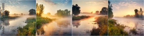 Capture the serene beauty of a foggy summer morning on the river Nature as a backdrop for relaxation and tranquility Feel the serenity of the sunrise over the water © Татьяна Мищенко