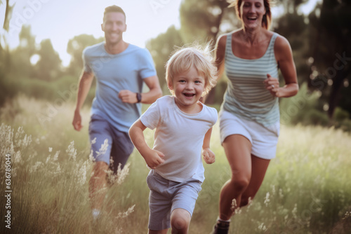 happy child running chased by his parents