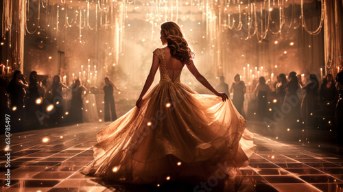 Foto A woman dances gracefully in a glittering golden ballgown beneath the stars