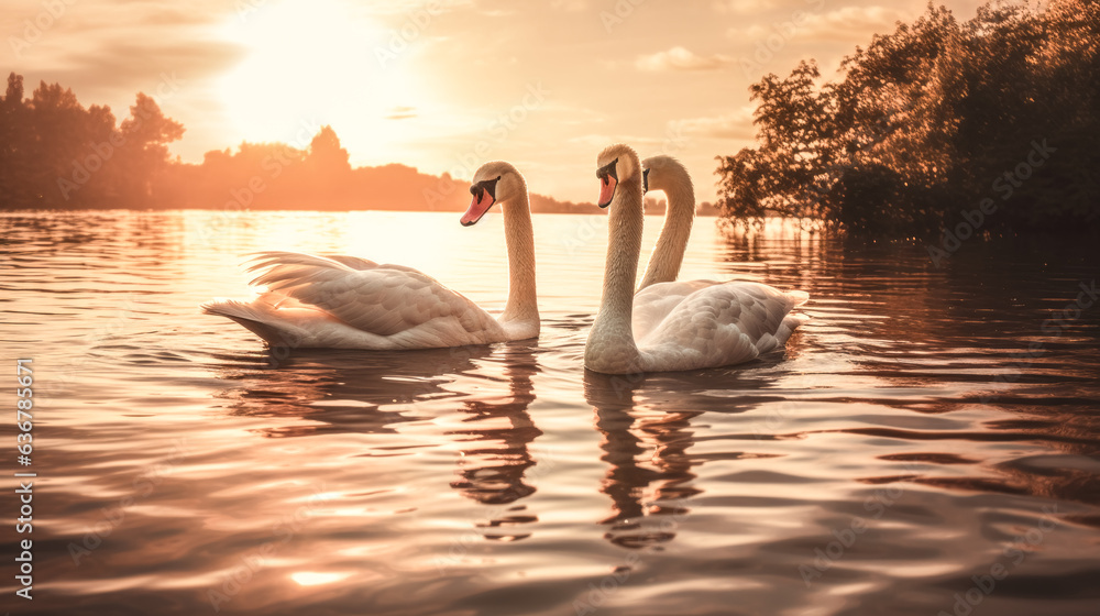 He watched two swans gracefully gliding on a tranquil lake.