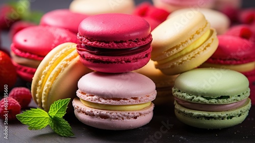  a pile of colorful macaroons sitting on top of each other.  generative ai