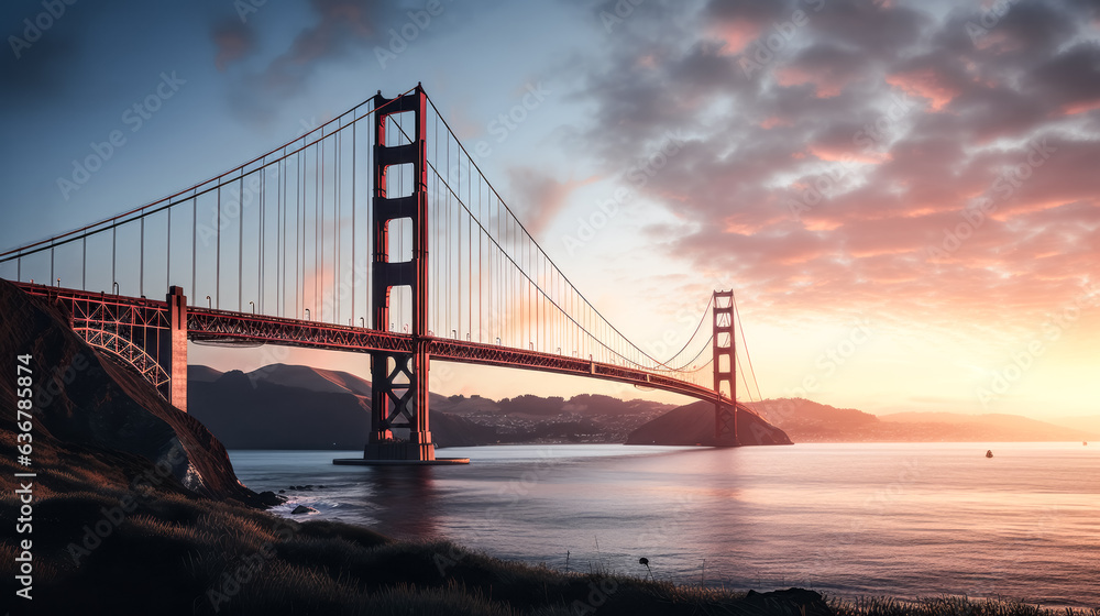 The Golden Gate Bridge glows in the soft light of dusk. The Golden Gate Bridge glows in the soft light of dusk.