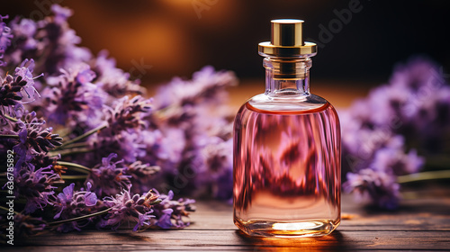 Generative AI  bottle with serum for facial skin among purple flowers of lilac and lavender  perfume  eau de toilette  cosmetics  beauty salon  glass jar  anti-aging  moisturizing  fragrance