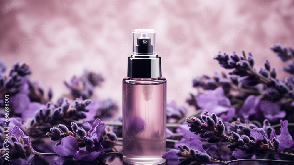 Generative AI, bottle with serum for facial skin among purple flowers of lilac and lavender, perfume, eau de toilette, cosmetics, beauty salon, glass jar, anti-aging, moisturizing, fragrance Generative AI, bottle with serum for facial skin among purple flowers of lilac and lavender, perfume, eau de toilette, cosmetics, beauty salon, glass jar, anti-aging, moisturizing, fragrance