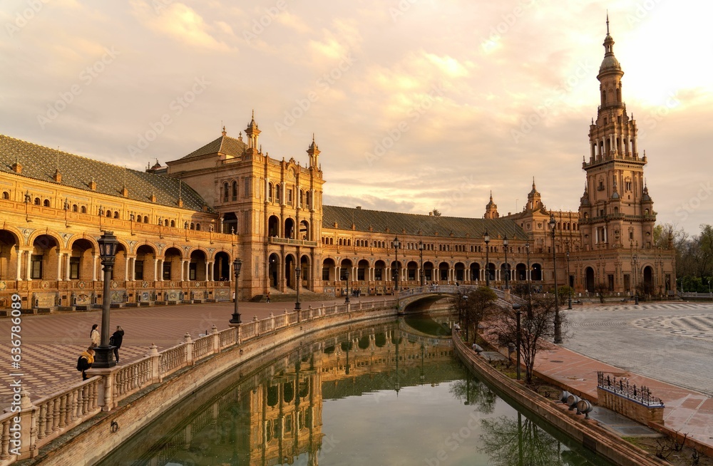 Plaza de Espana in the golden light in Seville, Spain.