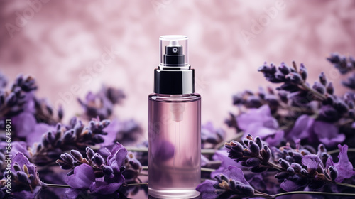 Generative AI  bottle with serum for facial skin among purple flowers of lilac and lavender  perfume  eau de toilette  cosmetics  beauty salon  glass jar  anti-aging  moisturizing  fragrance
