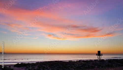Beautiful sunset over the Playa de Los Lances beach in Tarifa, Spain