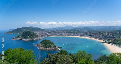 Aerial of beach of La Concha on a sunny day with clear sky background