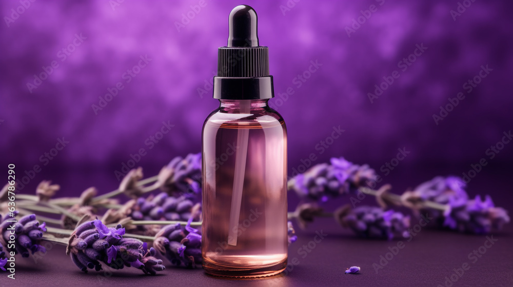 Generative AI, bottle with serum for facial skin among purple flowers of lilac and lavender, perfume, eau de toilette, cosmetics, beauty salon, glass jar, anti-aging, moisturizing, fragrance Generative AI, bottle with serum for facial skin among purple flowers of lilac and lavender, perfume, eau de toilette, cosmetics, beauty salon, glass jar, anti-aging, moisturizing, fragrance
