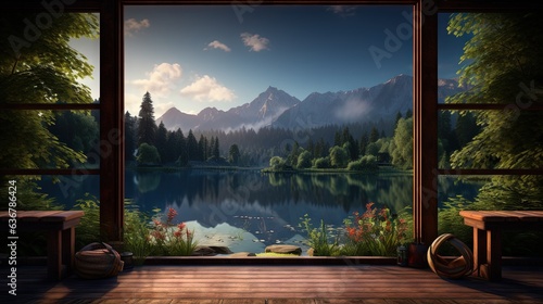  a window view of a mountain lake and forest with a bench.  generative ai © Olga