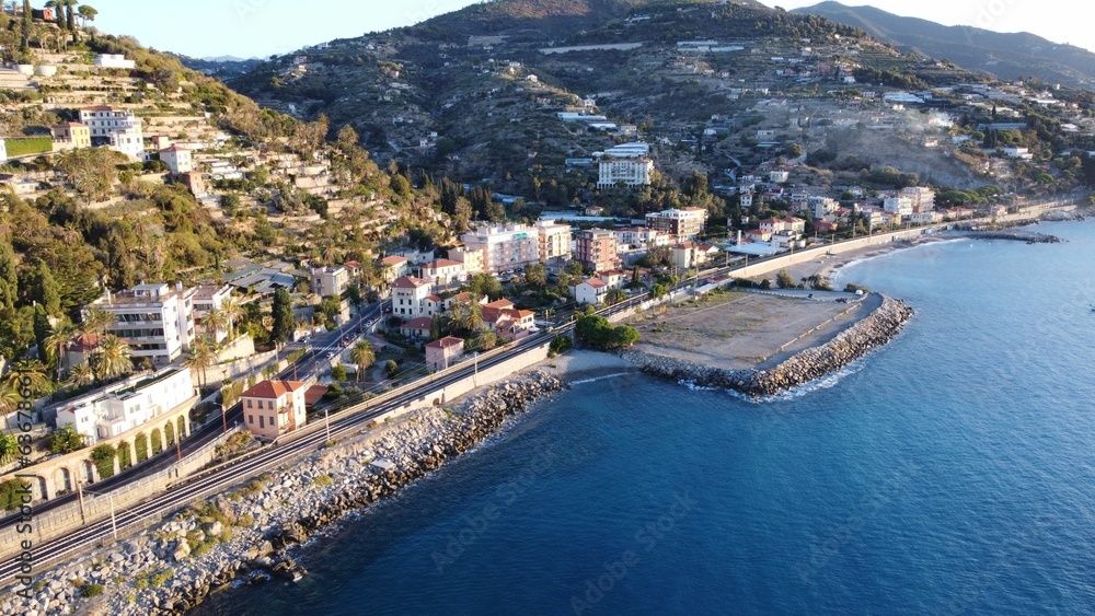 Drone shot of the rocky coast of the Bordighera, Italy