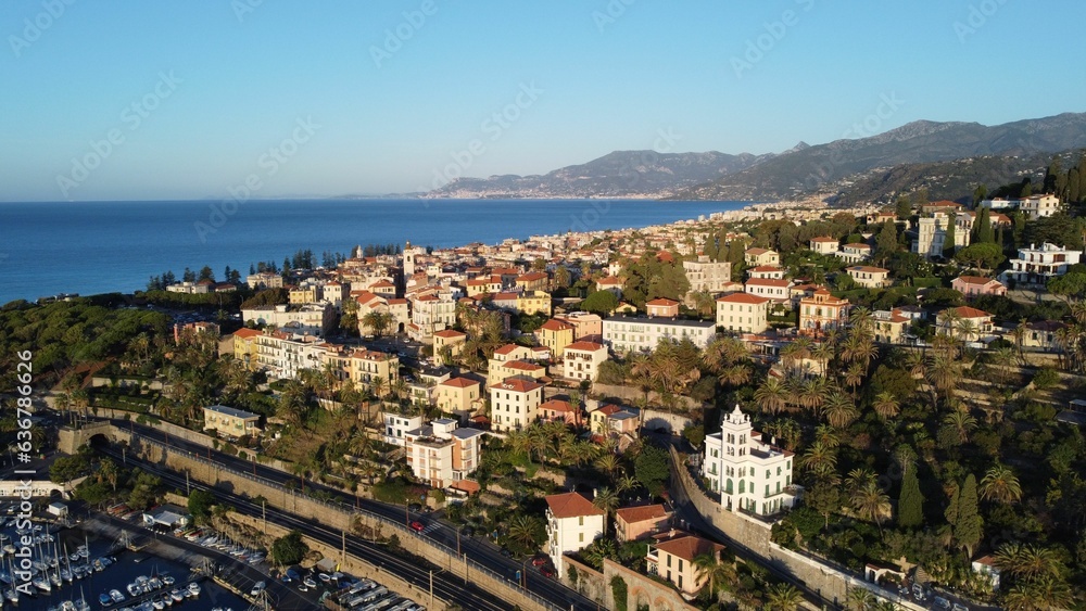 Drone shot of buildings of the Bordighera, Italy