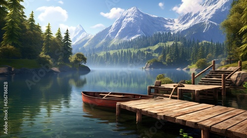  a painting of a boat on a lake with a dock. generative ai