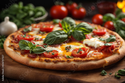 pizza with tomatoes and olives and basil, italian style