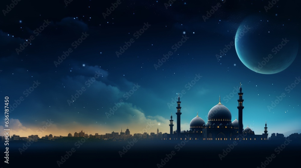 Mosques Dome on dark blue twilight sky and Crescent Moon on background, symbol islamic religion Ramadan and free space for text arabic, Eid al-Adha, Eid al-fitr, Mubarak, Islamic new year Muharram