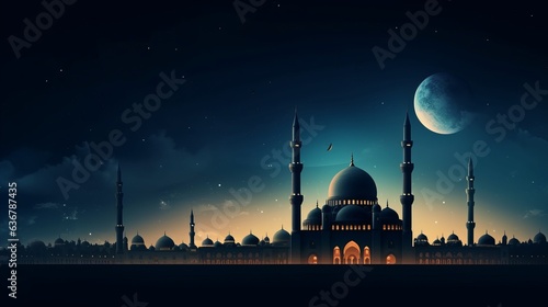 Mosques Dome on dark blue twilight sky and Crescent Moon on background, symbol islamic religion Ramadan and free space for text arabic, Eid al-Adha, Eid al-fitr, Mubarak, Islamic new year Muharram