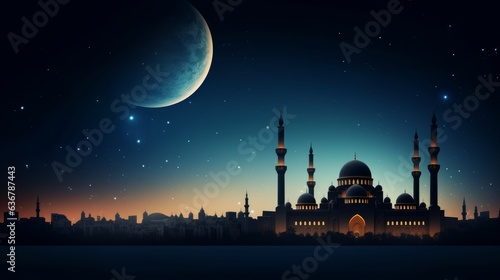 Mosques Dome on dark blue twilight sky and Crescent Moon on background, symbol islamic religion Ramadan and free space for text arabic, Eid al-Adha, Eid al-fitr, Mubarak, Islamic new year Muharram © Zahid