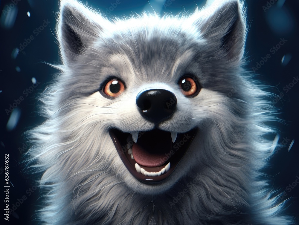 a cute and happy wolv with eyes wide open in cartoon style