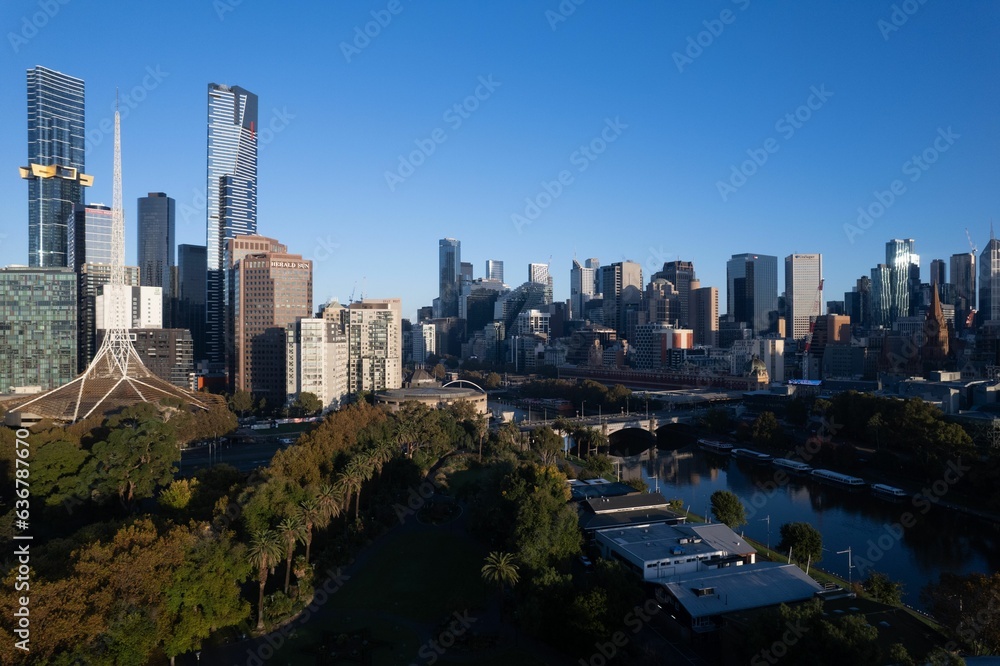 Aerial view of Melbourne arts district, downtown and Yarra River with blue skies
