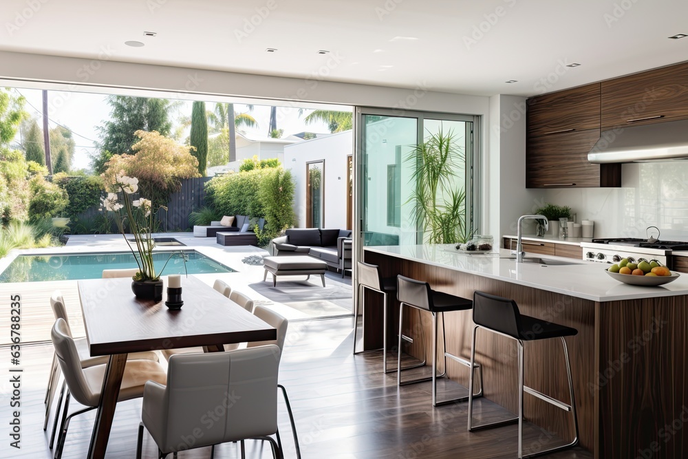 Garden view open kitchen with large table and light terrace with swimming pool Garden view open kitchen with large table and light terrace with swimming pool