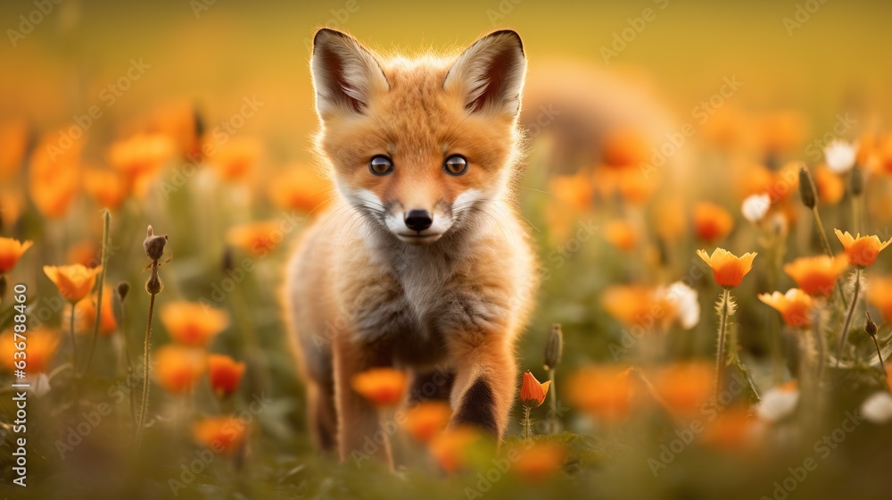 Fototapeta premium a small fox standing in a field of orange and white flowers. generative ai