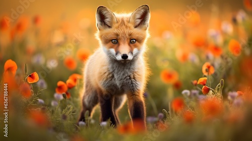  a red fox standing in a field of orange and purple flowers. generative ai
