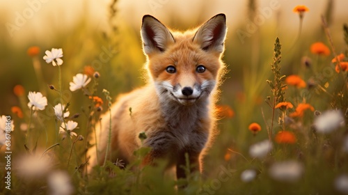  a fox is standing in a field of flowers and daisies. generative ai