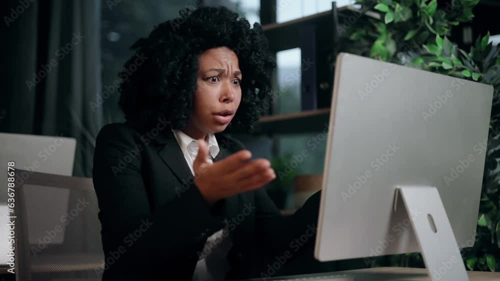 Portrait of businesswoman feels annoyed having problems with computer lost work at office workplace System error data loss backup battery issues virus old equipment or technical malfunctions indoors