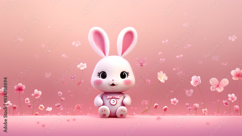Cute Rabbit Artwork: Charming Character Design on Pink Fantasy Backdrop