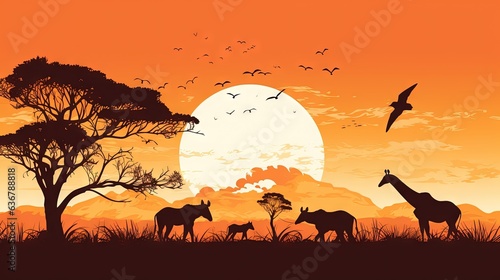  a group of giraffes and zebras in a field at sunset.  generative ai